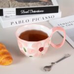 KAMMAK Ceramic Mug - Hand-Painted Coffee and Tea Mug - Vintage Breakfast Cups - Cute Mugs for Women - Ideal for Birthday - Afternoon Tea & Housewarming Gifts, Pink Handle
