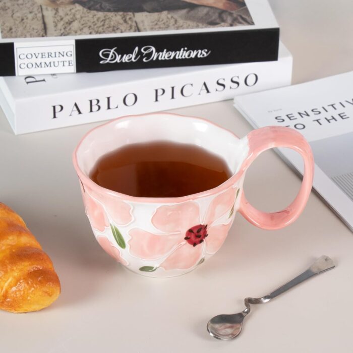 KAMMAK Ceramic Mug Hand Painted Coffee and Tea Mug Vintage Breakfast Cups Cute Mugs for Women Ideal for Birthday Afternoon Tea & Housewarming Gifts, Pink Handle KAMMAK Ceramic Mug - Hand-Painted Coffee and Tea Mug - Vintage Breakfast Cups - Cute Mugs for Women - Ideal for Birthday - Afternoon Tea & Housewarming Gifts, Pink Handle