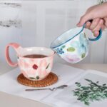 KAMMAK Ceramic Mug - Hand-Painted Coffee and Tea Mug - Vintage Breakfast Cups - Cute Mugs for Women - Ideal for Birthday - Afternoon Tea & Housewarming Gifts, Pink Handle
