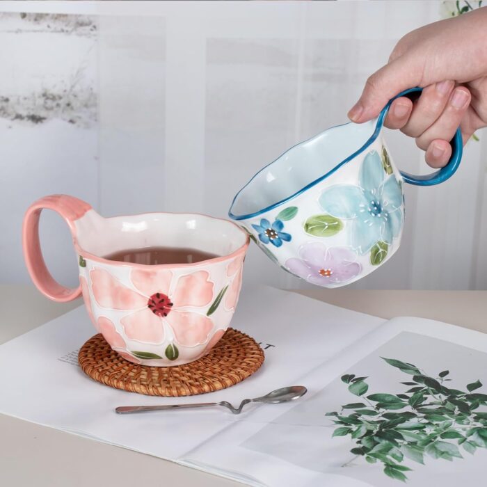 KAMMAK Ceramic Mug - Hand-Painted Coffee and Tea Mug - Vintage Breakfast Cups - Cute Mugs for Women - Ideal for Birthday - Afternoon Tea & Housewarming Gifts, Pink Handle