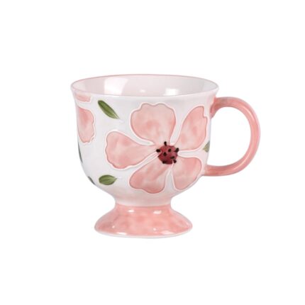 KAMMAK Ceramic Mug - Hand-Painted Coffee and Tea Mug - Vintage Breakfast Cups - Cute Mugs for Women - Ideal for Birthday - Afternoon Tea & Housewarming Gifts, Pink Handle