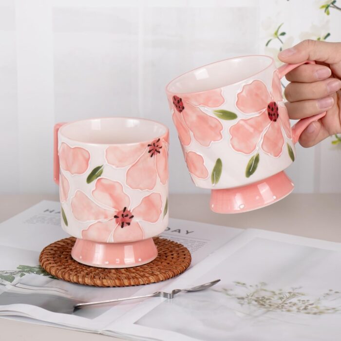 KAMMAK Ceramic Pink Coffee Mug, 15oz Large Mugs Set of 2, Novelty Cup for Tea, Juice, Milk, Cute Porcelain Water Cups with Handle for Women, Dishwasher and Microwave Safe