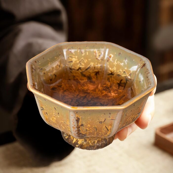 KAMMAK Ceramic Tea & Coffee Cups Set of 2 - Vintage Crystalline Glaze Espresso Mugs, 3.4oz Hand Painted for Afternoon Tea or Coffee, Birthday Gift for Women Men, Tall Octagonal Cup