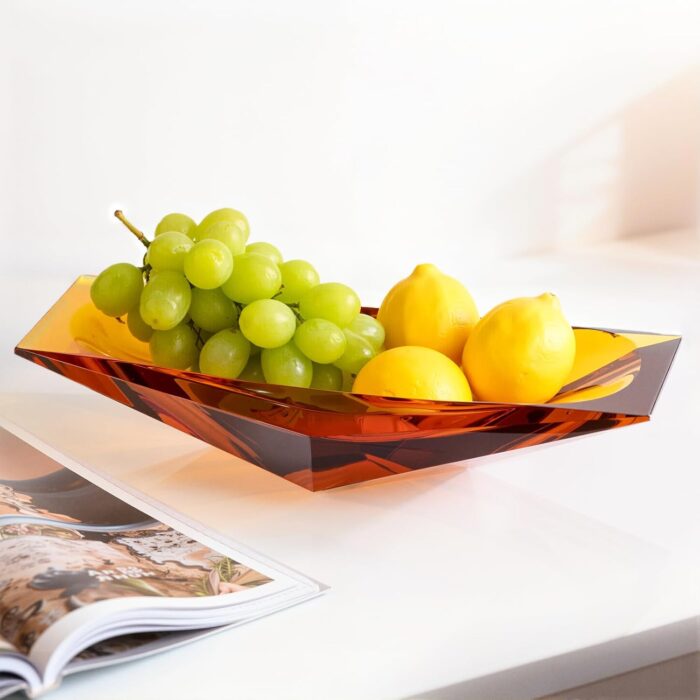 KAMMAK Crystal Glass Fruit Bowl, Luxury Centerpiece Glass Bowl, Hand Blown Decorative Dessert Plate, Amber Aesthetic Counter Decor, Transparent Rectangular Large Modern Art...
