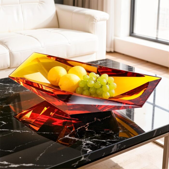 KAMMAK Crystal Glass Fruit Bowl, Luxury Centerpiece Glass Bowl, Hand Blown Decorative Dessert Plate, Amber Aesthetic Counter Decor, Transparent Rectangular Large Modern Art...