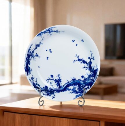 KAMMAK Decorative Plates for Display, White and Blue Ceramic Plate Decor with Stand, Handmade Art Porcelain Ornament for Table, Living Room, Kitchen, Office, Perfect 8in Chinese...