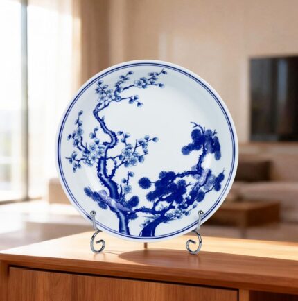 KAMMAK Decorative Plates for Display, White and Blue Ceramic Plate Decor with Stand, Handmade Art Porcelain Ornament for Table, Living Room, Kitchen, Office, Perfect 8in Chinese...
