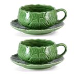 KAMMAK Tea Cups and Saucers Set of 2, Porcelain Coffee Cups, 10-Ounce Stackable Espresso Mugs, Ceramic Demitasse for Coffee, Latte, Americano, Tea, Cubic Rose