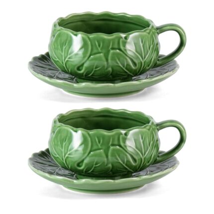 KAMMAK Tea Cups and Saucers Set of 2, Porcelain Coffee Cups, 10-Ounce Stackable Espresso Mugs, Ceramic Demitasse for Coffee, Latte, Americano, Tea, Cubic Rose