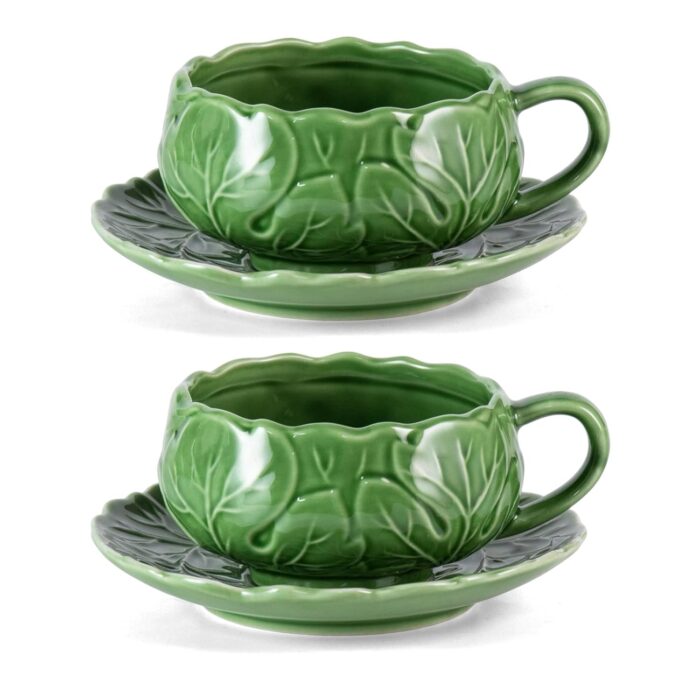 KAMMAK Tea Cups and Saucers Set of 2, Porcelain Coffee Cups, 10-Ounce Stackable Espresso Mugs, Ceramic Demitasse for Coffee, Latte, Americano, Tea, Cubic Rose