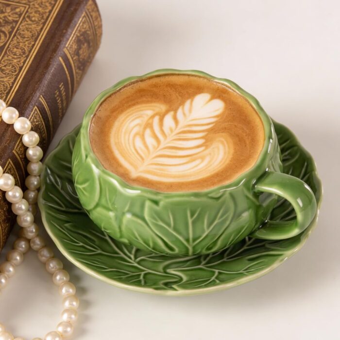 KAMMAK Tea Cups and Saucers Set of 2, Porcelain Coffee Cups, 10-Ounce Stackable Espresso Mugs, Ceramic Demitasse for Coffee, Latte, Americano, Tea, Cubic Rose