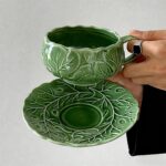 KAMMAK Tea Cups and Saucers Set of 2, Porcelain Coffee Cups, 10-Ounce Stackable Espresso Mugs, Ceramic Demitasse for Coffee, Latte, Americano, Tea, Cubic Rose