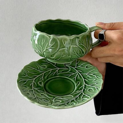 KAMMAK Tea Cups and Saucers Set of 2, Porcelain Coffee Cups, 10-Ounce Stackable Espresso Mugs, Ceramic Demitasse for Coffee, Latte, Americano, Tea, Cubic Rose