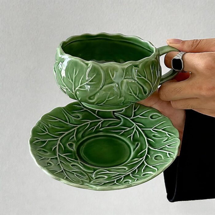 KAMMAK Tea Cups and Saucers Set of 2, Porcelain Coffee Cups, 10-Ounce Stackable Espresso Mugs, Ceramic Demitasse for Coffee, Latte, Americano, Tea, Cubic Rose