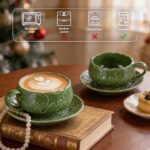 KAMMAK Tea Cups and Saucers Set of 2, Porcelain Coffee Cups, 10-Ounce Stackable Espresso Mugs, Ceramic Demitasse for Coffee, Latte, Americano, Tea, Cubic Rose