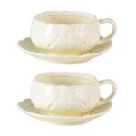 KAMMAK Tea Cups and Saucers Set of 2, Porcelain Coffee Cups, 10-Ounce Stackable Espresso Mugs, Ceramic Demitasse for Coffee, Latte, Americano, Tea, Cubic Rose