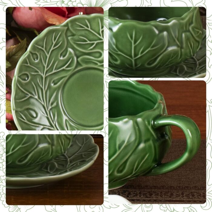 KAMMAK Tea Cups and Saucers Set of 2, Porcelain Coffee Cups, 10-Ounce Stackable Espresso Mugs, Ceramic Demitasse for Coffee, Latte, Americano, Tea, Cubic Rose