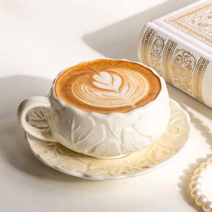 KAMMAK Tea Cups and Saucers Set of 2, Porcelain Coffee Cups, 10-Ounce Stackable Espresso Mugs, Ceramic Demitasse for Coffee, Latte, Americano, Tea, Cubic Rose