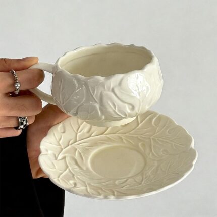 KAMMAK Tea Cups and Saucers Set of 2, Porcelain Coffee Cups, 10-Ounce Stackable Espresso Mugs, Ceramic Demitasse for Coffee, Latte, Americano, Tea, Cubic Rose