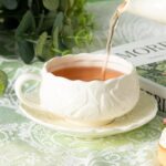 KAMMAK Tea Cups and Saucers Set of 2, Porcelain Coffee Cups, 10-Ounce Stackable Espresso Mugs, Ceramic Demitasse for Coffee, Latte, Americano, Tea, Cubic Rose