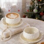 KAMMAK Tea Cups and Saucers Set of 2, Porcelain Coffee Cups, 10-Ounce Stackable Espresso Mugs, Ceramic Demitasse for Coffee, Latte, Americano, Tea, Cubic Rose