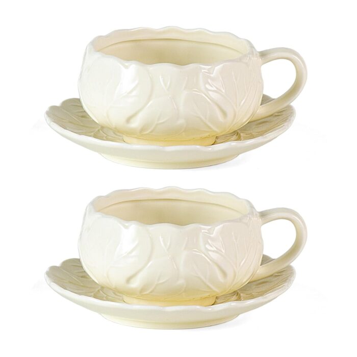 KAMMAK Tea Cups and Saucers Set of 2, Porcelain Coffee Cups, 10-Ounce Stackable Espresso Mugs, Ceramic Demitasse for Coffee, Latte, Americano, Tea, Cubic Rose