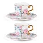 KAMMAK Tea Cups and Saucers Set of 2, Porcelain Coffee Cups, 4-Ounce Stackable Espresso Mugs, Ceramic Demitasse for Coffee, Latte, Americano, Tea, Western Peony