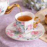 KAMMAK Tea Cups and Saucers Set of 2, Porcelain Coffee Cups, 4-Ounce Stackable Espresso Mugs, Ceramic Demitasse for Coffee, Latte, Americano, Tea, Western Peony