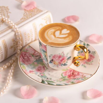 KAMMAK Tea Cups and Saucers Set of 2, Porcelain Coffee Cups, 4-Ounce Stackable Espresso Mugs, Ceramic Demitasse for Coffee, Latte, Americano, Tea, Western Peony