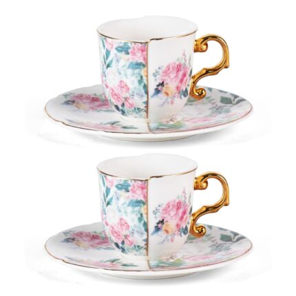 KAMMAK Tea Cups and Saucers Set of 2, Porcelain Coffee Cups, 4-Ounce Stackable Espresso Mugs, Ceramic Demitasse for Coffee, Latte, Americano, Tea, Western Peony