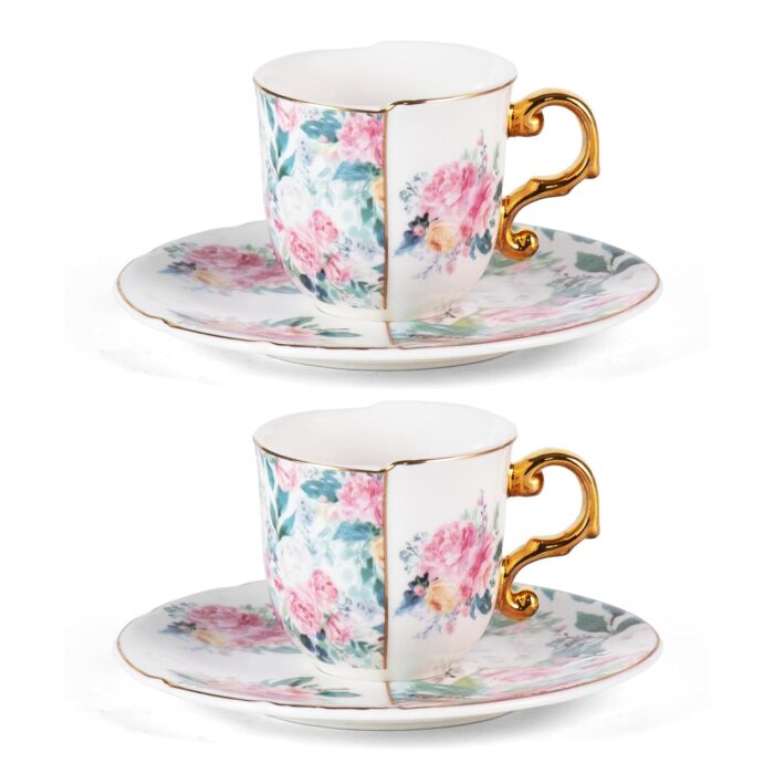 KAMMAK Tea Cups and Saucers Set of 2, Porcelain Coffee Cups, 4-Ounce Stackable Espresso Mugs, Ceramic Demitasse for Coffee, Latte, Americano, Tea, Western Peony