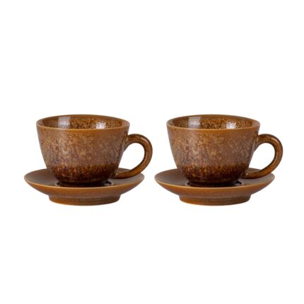 KAMMAK Tea Cups and Saucers Set of 2, Porcelain Coffee Cups, 4.3oz Crystalline Glaze Espresso Mugs, Ceramic Demitasse for Coffee, Cappuccino, Latte, Americano, Tea (Golden Crystal)