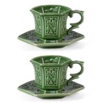 KAMMAK Tea Cups and Saucers Set of 2, Porcelain Coffee Cups, 6-Ounce Stackable Espresso Mugs, Ceramic Demitasse for Coffee, Latte, Americano, Tea, Cubic Rose