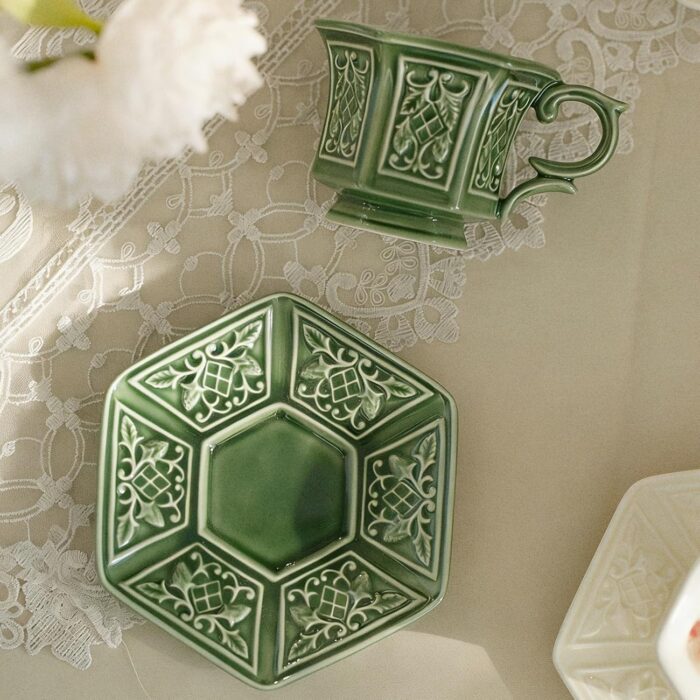 KAMMAK Tea Cups and Saucers Set of 2, Porcelain Coffee Cups, 6-Ounce Stackable Espresso Mugs, Ceramic Demitasse for Coffee, Latte, Americano, Tea, Cubic Rose