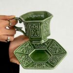 KAMMAK Tea Cups and Saucers Set of 2, Porcelain Coffee Cups, 6-Ounce Stackable Espresso Mugs, Ceramic Demitasse for Coffee, Latte, Americano, Tea, Cubic Rose