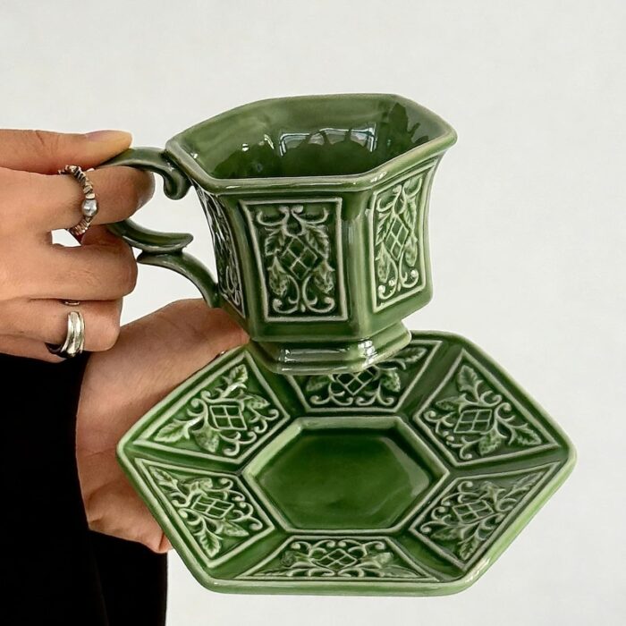 KAMMAK Tea Cups and Saucers Set of 2, Porcelain Coffee Cups, 6-Ounce Stackable Espresso Mugs, Ceramic Demitasse for Coffee, Latte, Americano, Tea, Cubic Rose