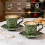 KAMMAK Tea Cups and Saucers Set of 2, Porcelain Coffee Cups, 6-Ounce Stackable Espresso Mugs, Ceramic Demitasse for Coffee, Latte, Americano, Tea, Cubic Rose