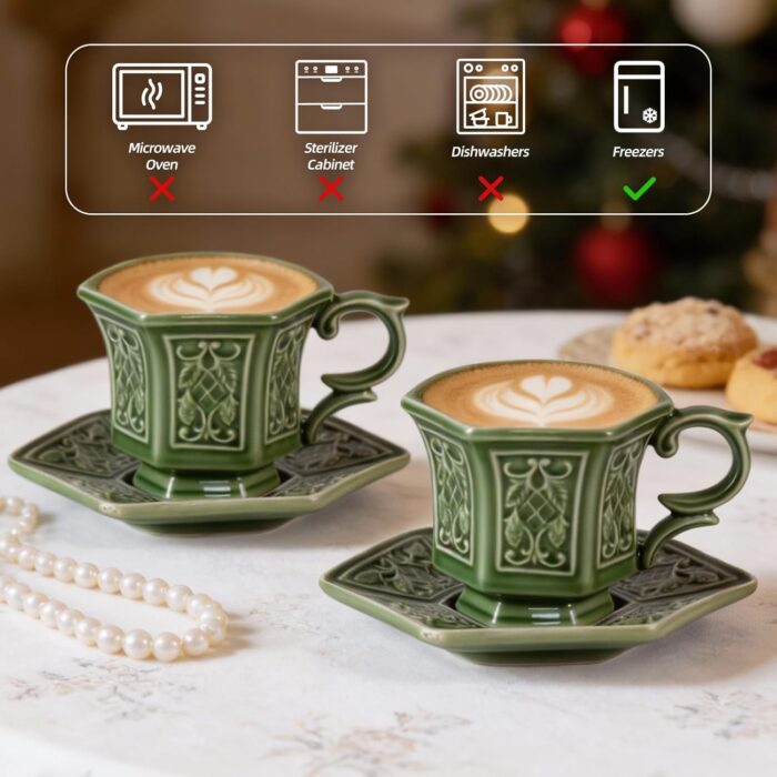 KAMMAK Tea Cups and Saucers Set of 2, Porcelain Coffee Cups, 6-Ounce Stackable Espresso Mugs, Ceramic Demitasse for Coffee, Latte, Americano, Tea, Cubic Rose