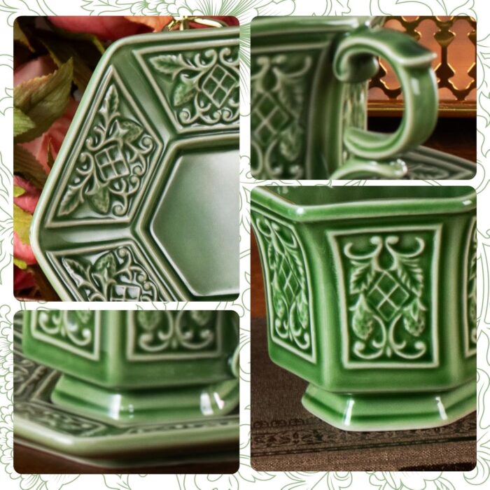 KAMMAK Tea Cups and Saucers Set of 2, Porcelain Coffee Cups, 6-Ounce Stackable Espresso Mugs, Ceramic Demitasse for Coffee, Latte, Americano, Tea, Cubic Rose