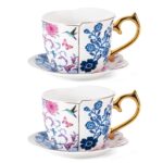 KAMMAK Tea Cups and Saucers Set of 2, Porcelain Coffee Cups, 8-Ounce Stackable Espresso Mugs, Ceramic Demitasse for Coffee, Latte, Americano, Tea, Butterfly & Bird