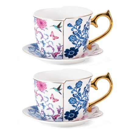 KAMMAK Tea Cups and Saucers Set of 2, Porcelain Coffee Cups, 8-Ounce Stackable Espresso Mugs, Ceramic Demitasse for Coffee, Latte, Americano, Tea, Butterfly & Bird