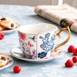 KAMMAK Tea Cups and Saucers Set of 2, Porcelain Coffee Cups, 8-Ounce Stackable Espresso Mugs, Ceramic Demitasse for Coffee, Latte, Americano, Tea, Butterfly & Bird