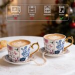 KAMMAK Tea Cups and Saucers Set of 2, Porcelain Coffee Cups, 8-Ounce Stackable Espresso Mugs, Ceramic Demitasse for Coffee, Latte, Americano, Tea, Butterfly & Bird