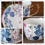 KAMMAK Tea Cups and Saucers Set of 2, Porcelain Coffee Cups, 8-Ounce Stackable Espresso Mugs, Ceramic Demitasse for Coffee, Latte, Americano, Tea, Butterfly & Bird