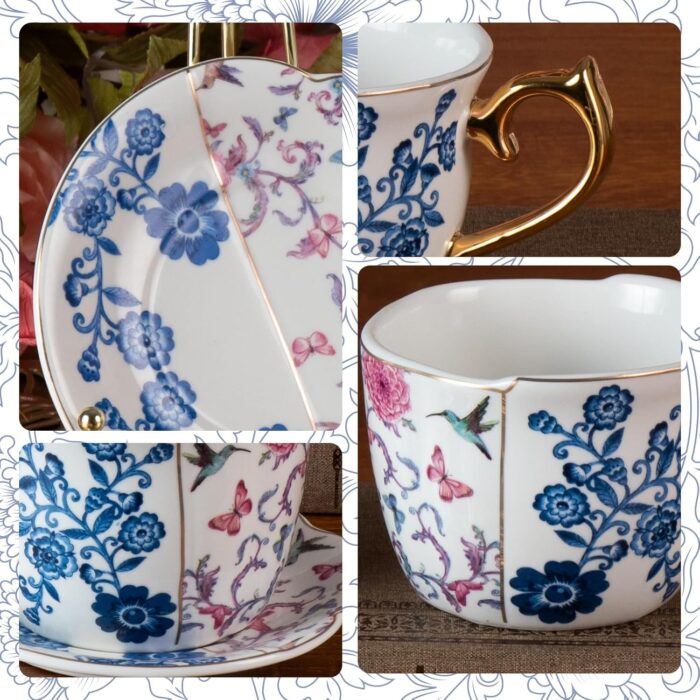 KAMMAK Tea Cups and Saucers Set of 2, Porcelain Coffee Cups, 8-Ounce Stackable Espresso Mugs, Ceramic Demitasse for Coffee, Latte, Americano, Tea, Butterfly & Bird