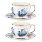 KAMMAK Tea Cups and Saucers Set of 2, Porcelain Coffee Cups, 8-Ounce Stackable Espresso Mugs, Ceramic Demitasse for Coffee, Latte, Americano, Tea, Cubic Rose