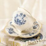 KAMMAK Tea Cups and Saucers Set of 2, Porcelain Coffee Cups, 8-Ounce Stackable Espresso Mugs, Ceramic Demitasse for Coffee, Latte, Americano, Tea, Cubic Rose