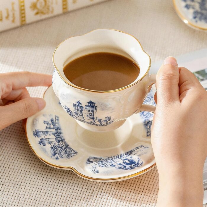 KAMMAK Tea Cups and Saucers Set of 2, Porcelain Coffee Cups, 8-Ounce Stackable Espresso Mugs, Ceramic Demitasse for Coffee, Latte, Americano, Tea, Cubic Rose