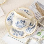 KAMMAK Tea Cups and Saucers Set of 2, Porcelain Coffee Cups, 8-Ounce Stackable Espresso Mugs, Ceramic Demitasse for Coffee, Latte, Americano, Tea, Cubic Rose