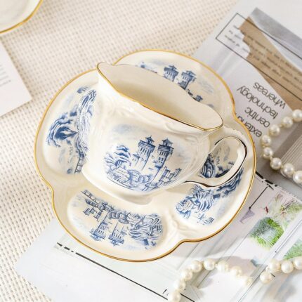 KAMMAK Tea Cups and Saucers Set of 2, Porcelain Coffee Cups, 8-Ounce Stackable Espresso Mugs, Ceramic Demitasse for Coffee, Latte, Americano, Tea, Cubic Rose